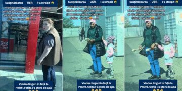 O susținătoare USR de la Profi Domnești l-a stropit cu apă pe un domn care vindea linguri cu fetița lui, chiar în fața magazinului