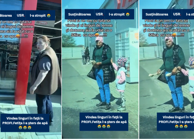 O susținătoare USR de la Profi Domnești l-a stropit cu apă pe un domn care vindea linguri cu fetița lui, chiar în fața magazinului