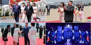 Kim Jong Un și soția sa l-au întâmpinat pe Xi Jinping într-o ceremonie impresionantă la Phenian