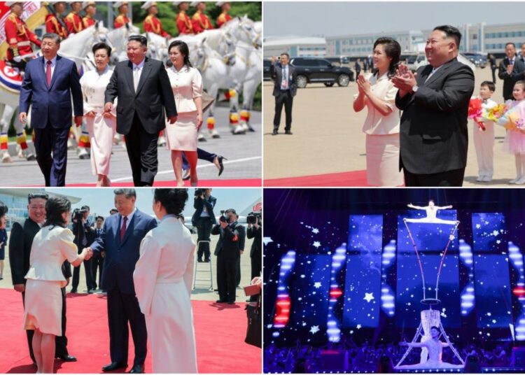 Kim Jong Un și soția sa l-au întâmpinat pe Xi Jinping într-o ceremonie impresionantă la Phenian